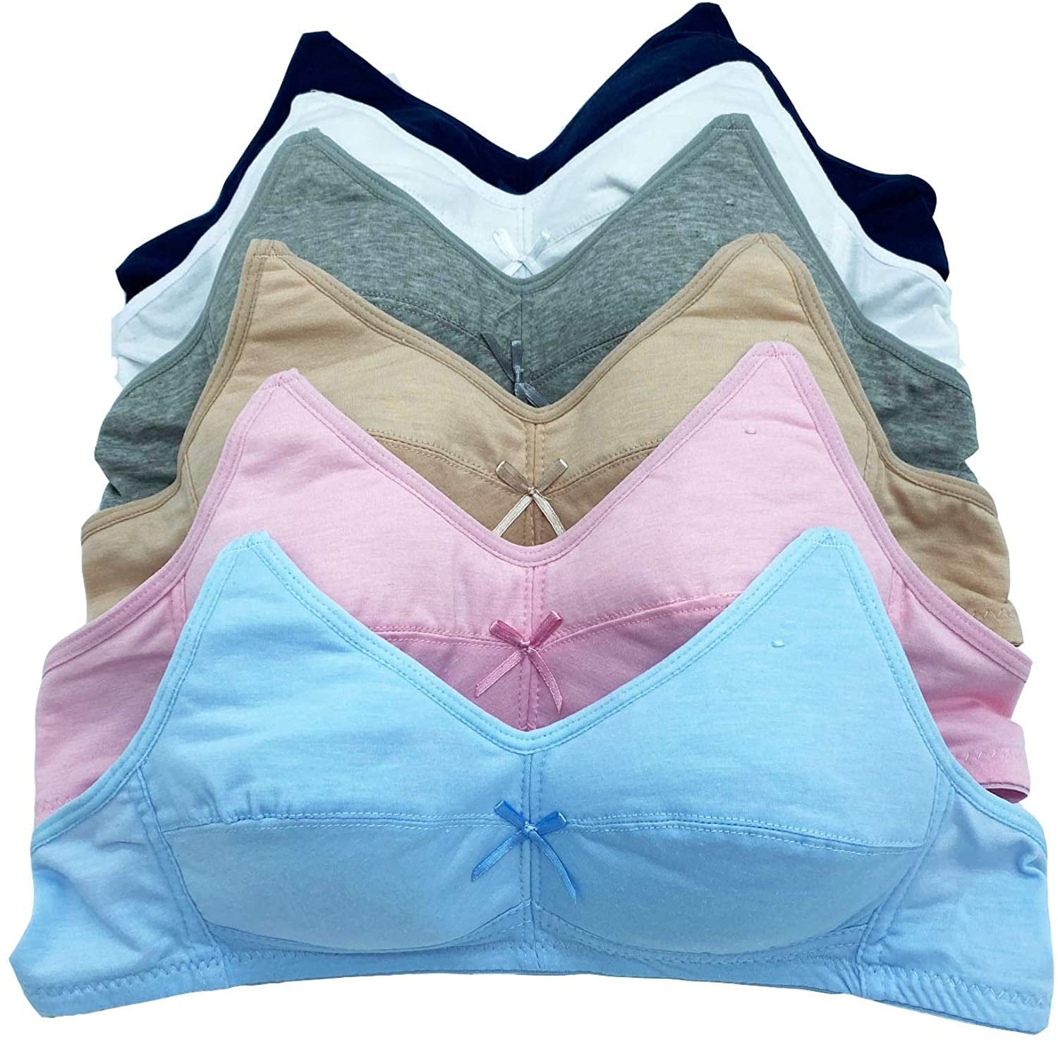 6 Pieces Wire Free No Padding Teenager Girl Cotton Junior Training Bra A Cup (30A, 58012)