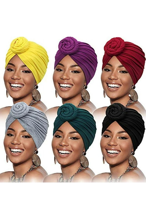 6 Pieces Women African Turban Flower Knot Pre-Tied Bonnet Beanie Cap Headwrap