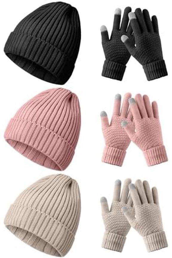 6 Pieces Women Men Beanie Winter Hat Gloves Set, Thick Warm Knitted Skull Cap Touchscreen Gloves Unisex