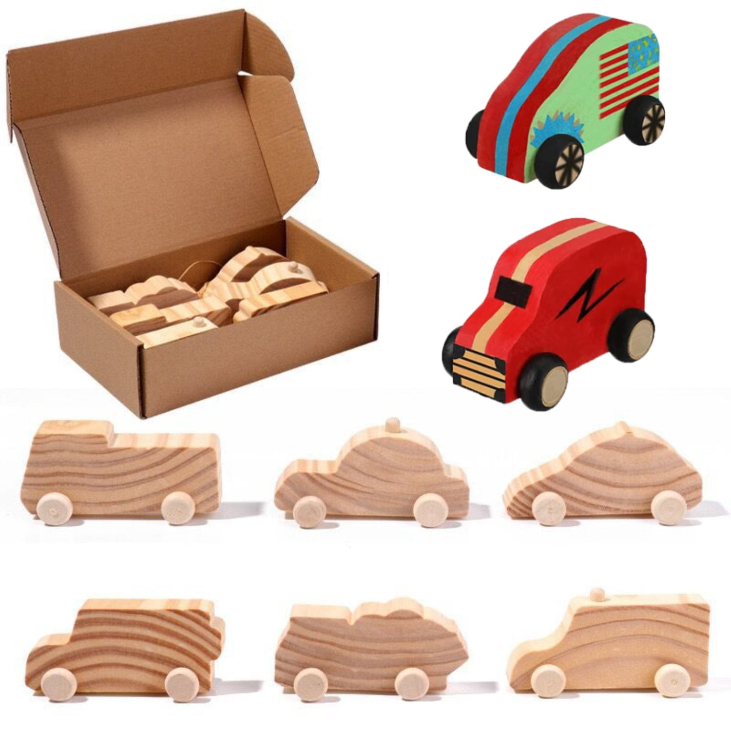 6 Pieces Wood DIY Car Toys, Unfinished Wooden Cars, Crafts for Students
