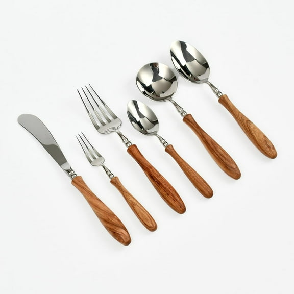 6-Pieces Wood Handle Flatware Set 18/10 Stainless Steel Silverware Cutlery Set with Wooden Handle Kitchen Restaurant Tableware Utensil Set Spoons Forks Knives Set Service for 1
