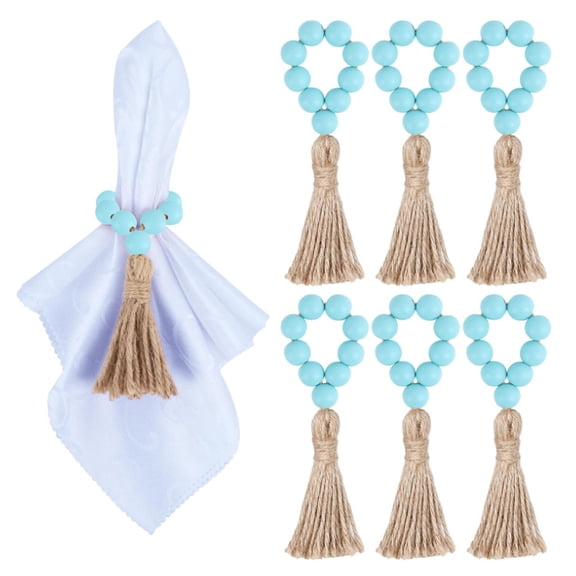6 Pieces Wooden Bead Napkin Rings, Farmhouse Stretchable Napkin Ring with Tassel Boho Napkin Rings for Dining Table,Wedding Decoration