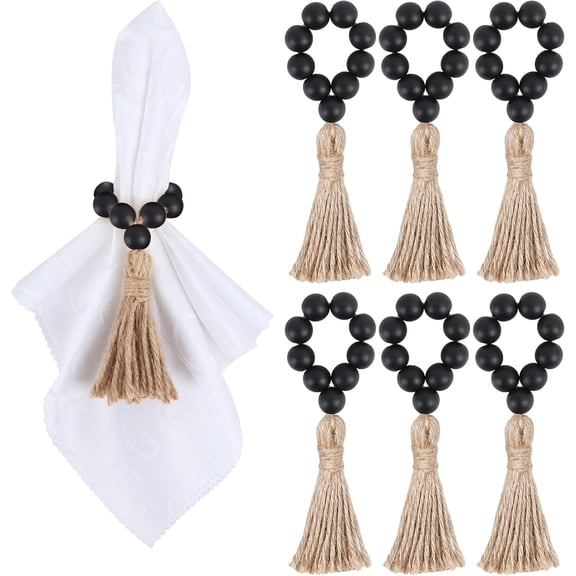 6 Pieces Wooden Bead Napkin Rings, Farmhouse Stretchable Napkin Ring with Tassel Boho Napkin Rings for Dining Table,Wedding Decoration