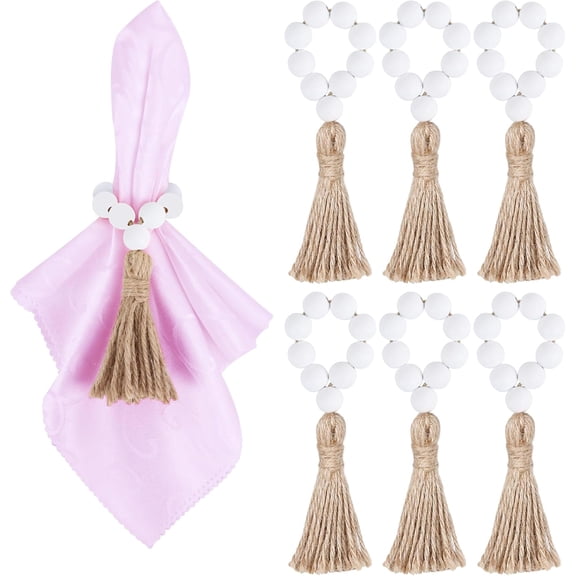 6 Pieces Wooden Bead Napkin Rings, Farmhouse Stretchable Napkin Rings with Tassel Boho Napkin Ring for Dining Table,Wedding Decoration (Nature)
