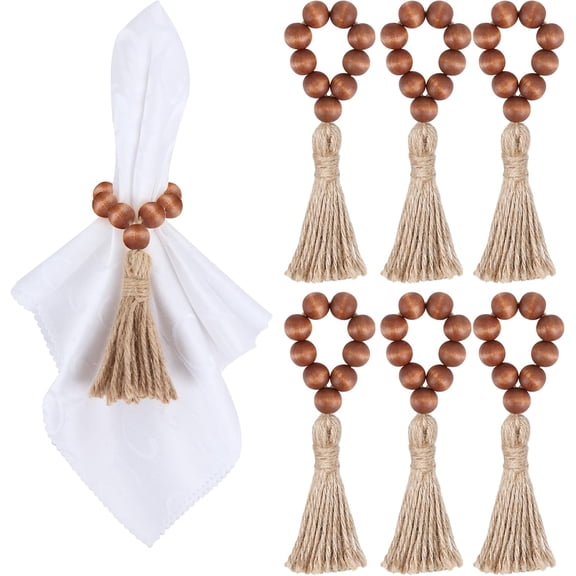 6 Pieces Wooden Bead Napkin Rings, Farmhouse Stretchable Napkin Rings with Tassel Boho Napkin Rings for Dining Table,Wedding Decoration