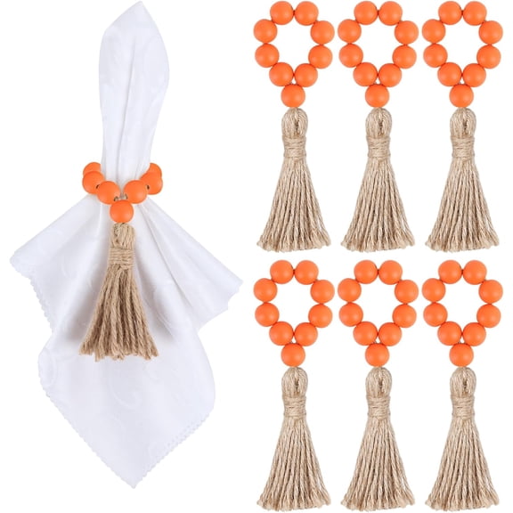 6 Pieces Wooden Bead Napkin Rings, Farmhouse Stretchable Napkin Rings with Tassel Boho Napkin Rings for Dining Table,Wedding Decoration