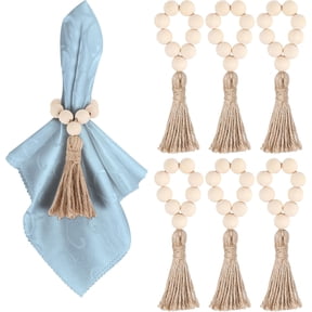 6 Pieces Wooden Bead Napkin Rings, Farmhouse Stretchable Napkin Rings with Tassel Boho Napkin Rings for Dining Table,Wedding Decoration