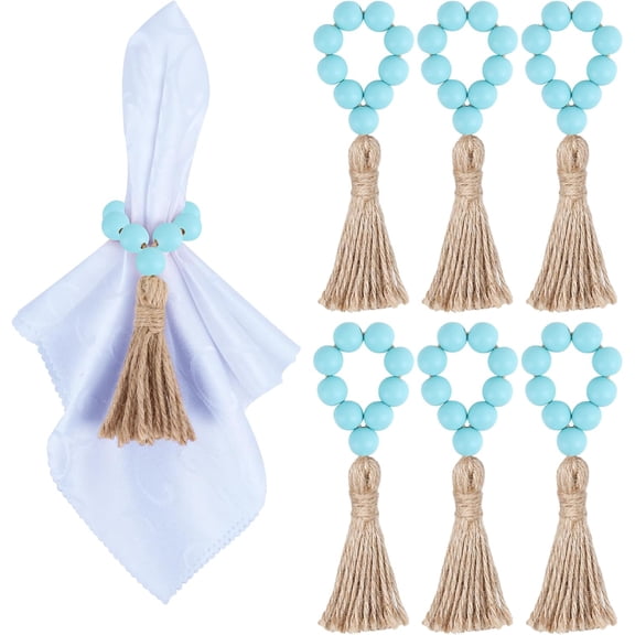 6 Pieces Wooden Bead Napkin Rings, Farmhouse Stretchable Napkin Rings with Tassel Boho Napkin Rings for Dining Table,Wedding Decoration