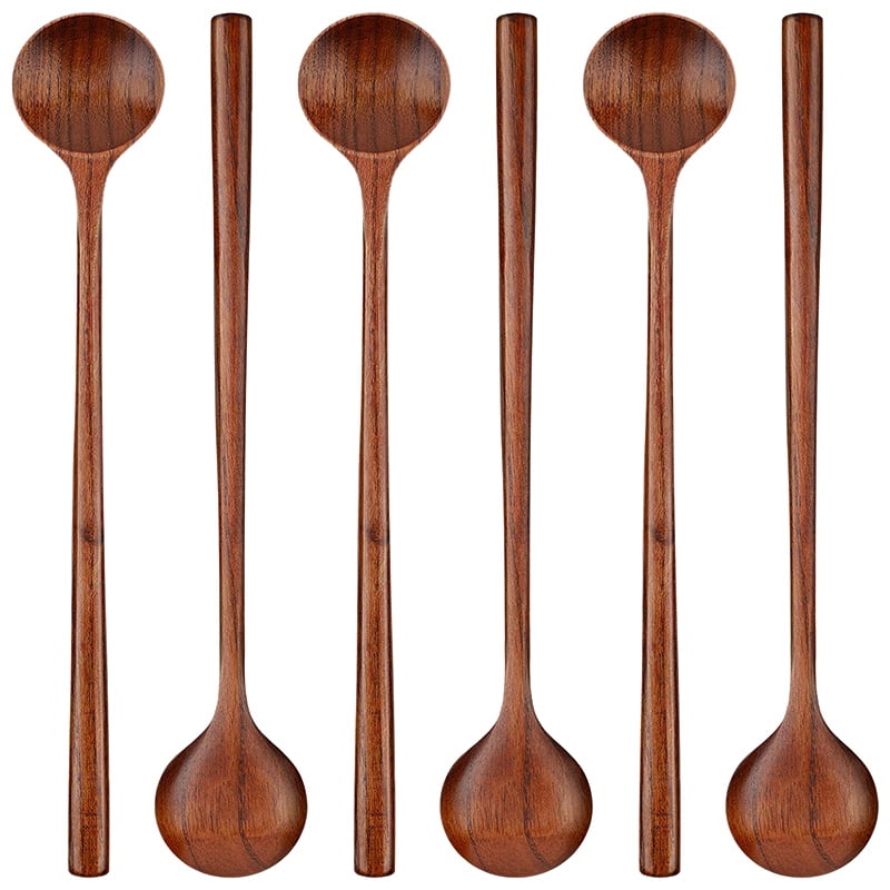 6 Pieces Wooden Long Spoons Long Handle Round Spoons Korean Style Soup