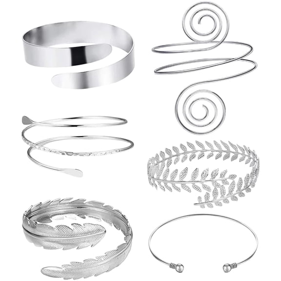 6 Pieces of Arm Upper Arm with Bracelets Ladies Silver Gold Adjustable Armband Set Silver One Size Metal
