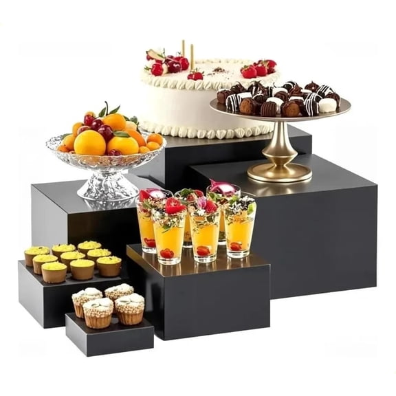 Gonice 6‑Pack Black Metal Nesting Cube Buffet Risers, Hollow‑Bottom Food Display Stands, 5‑10 Inch Cake Riser Stand for Buffet, Wedding, Party, Catering & Dessert Table