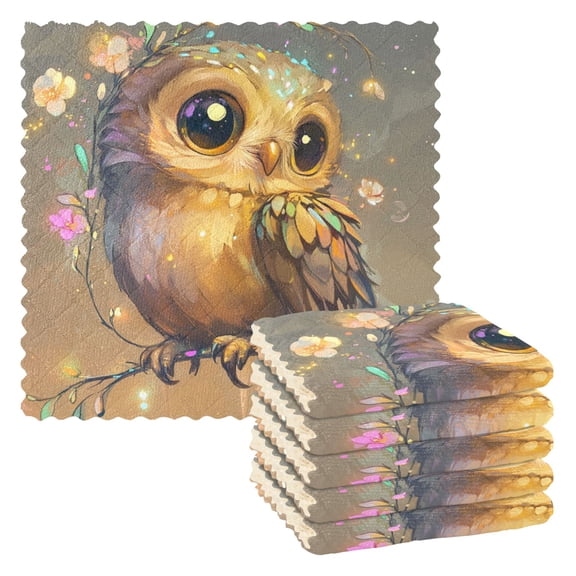 6 Pieces of Kitchen Towels 11x11Inch Kitchen Dish Cloths Kitchen Dish Towels Reuseable Cleaning Cloths Adorable Owl