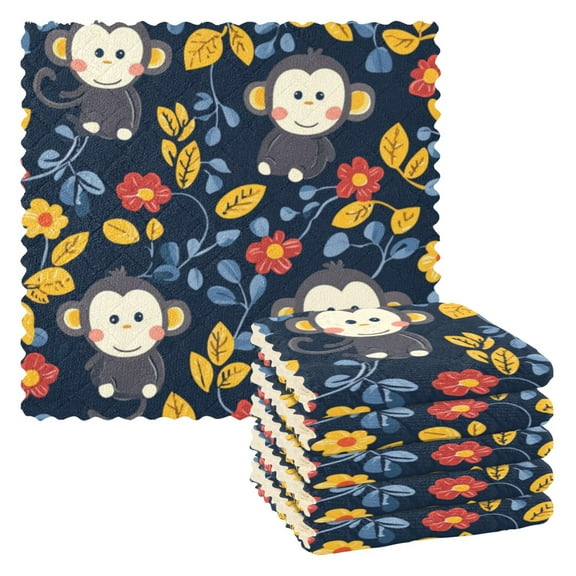 6 Pieces of Kitchen Towels 11x11Inch Kitchen Dish Cloths Kitchen Dish Towels Reuseable Cleaning Cloths Beautiful Cartoon Monkey