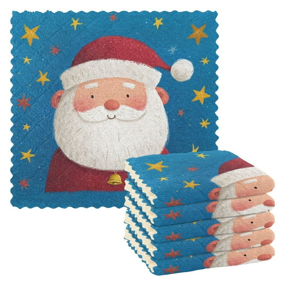 6 Pieces of Kitchen Towels 11x11Inch Kitchen Dish Cloths Kitchen Dish Towels Reuseable Cleaning Cloths Beautiful Cartoon Santa Claus