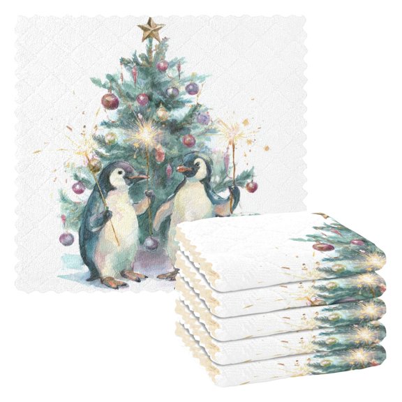 6 Pieces of Kitchen Towels 11x11Inch Kitchen Dish Cloths Kitchen Dish Towels Reuseable Cleaning Cloths Beautiful Christmas Penguins