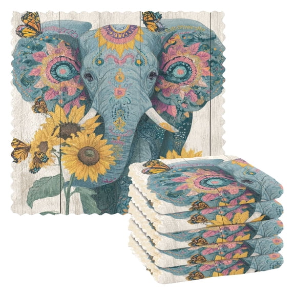 6 Pieces of Kitchen Towels 11x11Inch Kitchen Dish Cloths Kitchen Dish Towels Reuseable Cleaning Cloths Beautiful Elephant Pattern