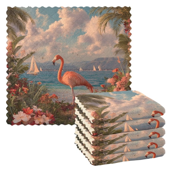 6 Pieces of Kitchen Towels 11x11Inch Kitchen Dish Cloths Kitchen Dish Towels Reuseable Cleaning Cloths Beautiful Flamingo Standing