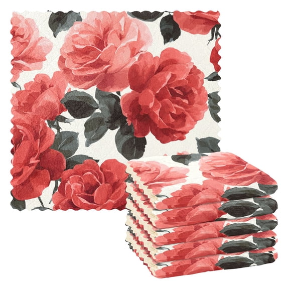 6 Pieces of Kitchen Towels 11x11Inch Kitchen Dish Cloths Kitchen Dish Towels Reuseable Cleaning Cloths Beautiful Red Rose