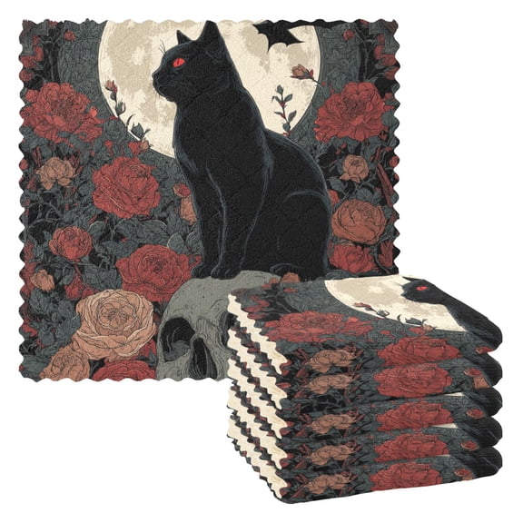 6 Pieces of Kitchen Towels 11x11Inch Kitchen Dish Cloths Kitchen Dish Towels Reuseable Cleaning Cloths Black Cat Skull Art