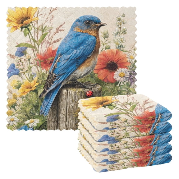 6 Pieces of Kitchen Towels 11x11Inch Kitchen Dish Cloths Kitchen Dish Towels Reuseable Cleaning Cloths Blue Bird Perched