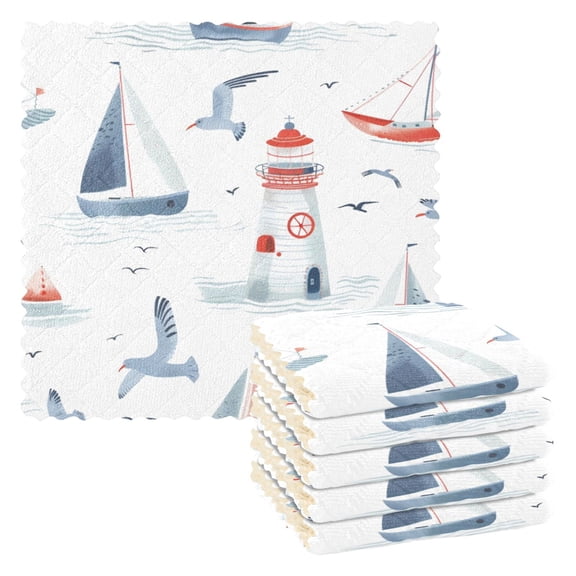 6 Pieces of Kitchen Towels 11x11Inch Kitchen Dish Cloths Kitchen Dish Towels Reuseable Cleaning Cloths Blue Sailing Lighthouse