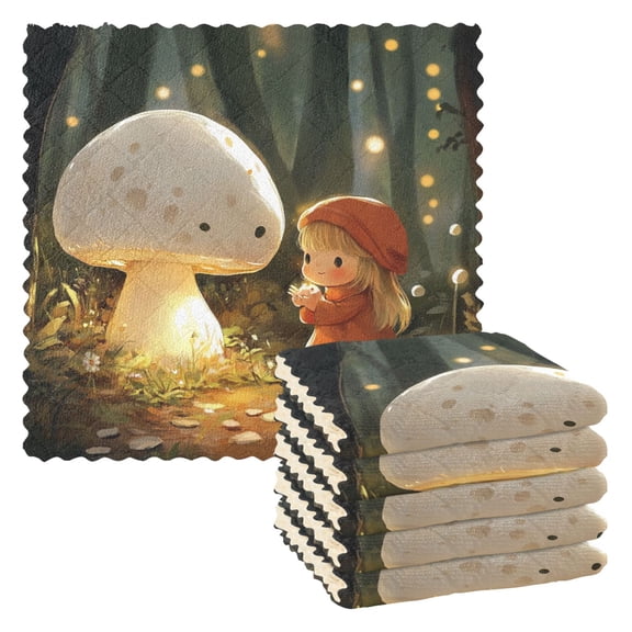 6 Pieces of Kitchen Towels 11x11Inch Kitchen Dish Cloths Kitchen Dish Towels Reuseable Cleaning Cloths Cartoon Beautiful White Mushrooms
