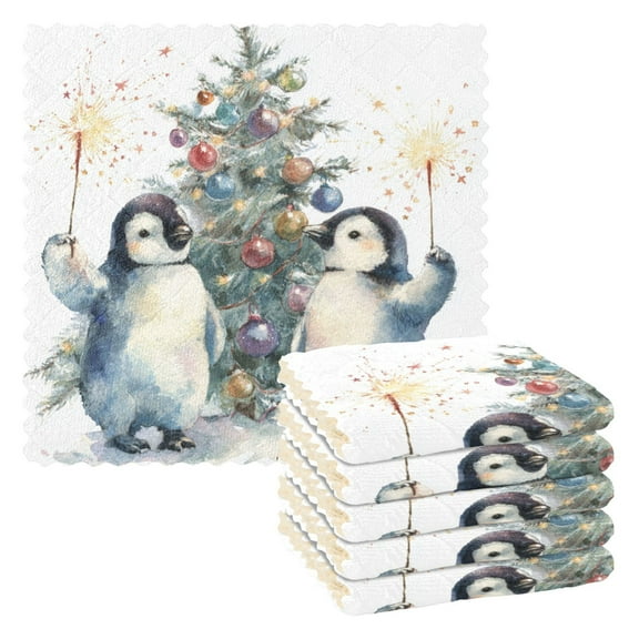 6 Pieces of Kitchen Towels 11x11Inch Kitchen Dish Cloths Kitchen Dish Towels Reuseable Cleaning Cloths Cartoon Christmas Penguins