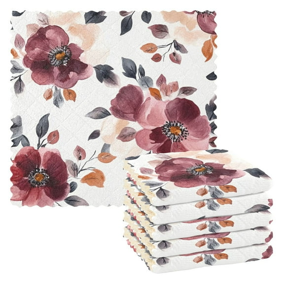 6 Pieces of Kitchen Towels 11x11Inch Kitchen Dish Cloths Kitchen Dish Towels Reuseable Cleaning Cloths Cartoon Maroon Flowers Seamless