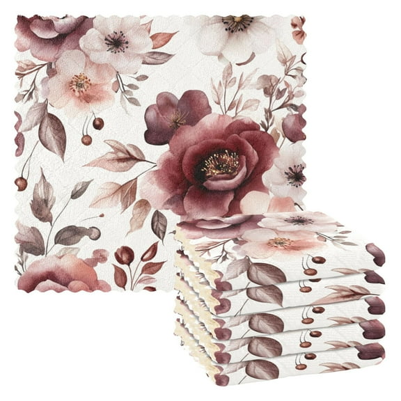 6 Pieces of Kitchen Towels 11x11Inch Kitchen Dish Cloths Kitchen Dish Towels Reuseable Cleaning Cloths Cartoon Maroon Flowers