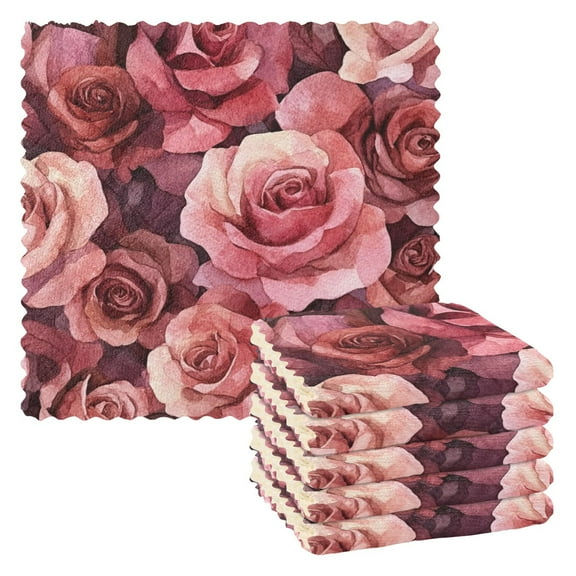 6 Pieces of Kitchen Towels 11x11Inch Kitchen Dish Cloths Kitchen Dish Towels Reuseable Cleaning Cloths Cartoon Maroon Roses