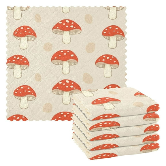 6 Pieces of Kitchen Towels 11x11Inch Kitchen Dish Cloths Kitchen Dish Towels Reuseable Cleaning Cloths Cartoon Red Mushroom