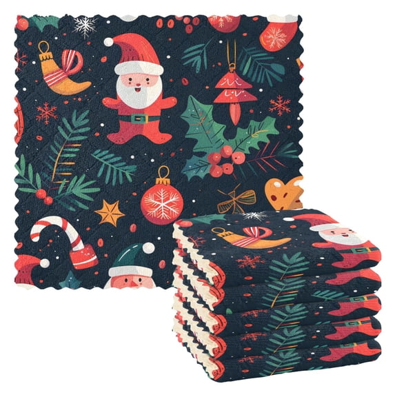 6 Pieces of Kitchen Towels 11x11Inch Kitchen Dish Cloths Kitchen Dish Towels Reuseable Cleaning Cloths Cartoon Santa Claus