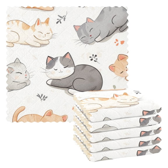 6 Pieces of Kitchen Towels 11x11Inch Kitchen Dish Cloths Kitchen Dish Towels Reuseable Cleaning Cloths Cartoon Sleeping Cat