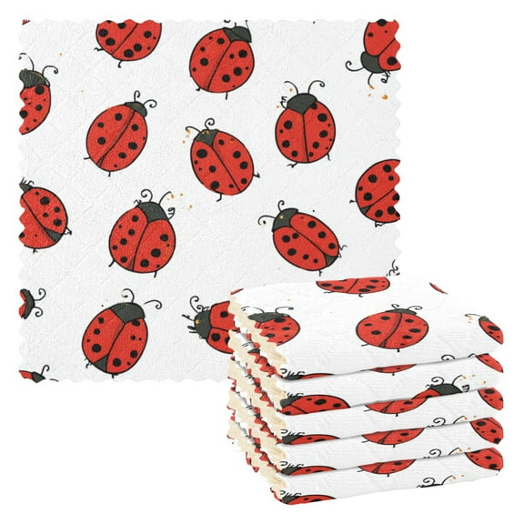 6 Pieces of Kitchen Towels 11x11Inch Kitchen Dish Cloths Kitchen Dish Towels Reuseable Cleaning Cloths Cartoon Style Ladybugs