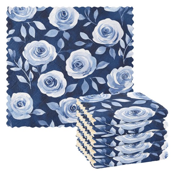 6 Pieces of Kitchen Towels 11x11Inch Kitchen Dish Cloths Kitchen Dish Towels Reuseable Cleaning Cloths Cartoon Teal Roses