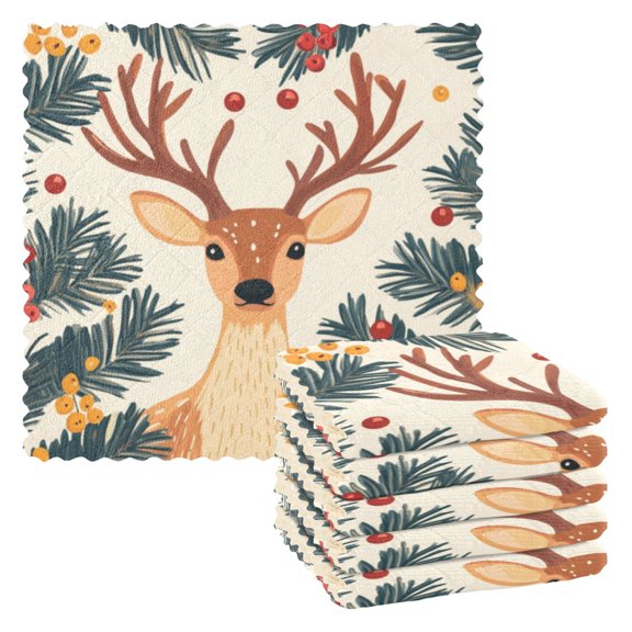 6 Pieces of Kitchen Towels 11x11Inch Kitchen Dish Cloths Kitchen Dish Towels Reuseable Cleaning Cloths Christmas Deer Pattern