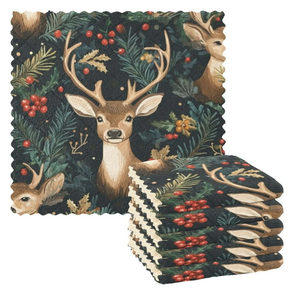 6 Pieces of Kitchen Towels 11x11Inch Kitchen Dish Cloths Kitchen Dish Towels Reuseable Cleaning Cloths Christmas Gray Deer