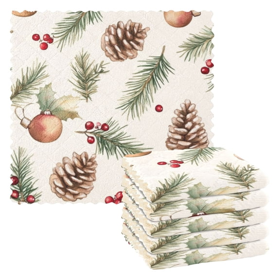 6 Pieces of Kitchen Towels 11x11Inch Kitchen Dish Cloths Kitchen Dish Towels Reuseable Cleaning Cloths Christmas Pine Cone