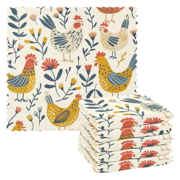 6 Pieces of Kitchen Towels 11x11Inch Kitchen Dish Cloths Kitchen Dish Towels Reuseable Cleaning Cloths Colorful Cartoon Chicken