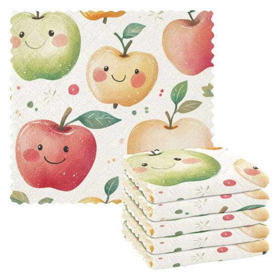 6 Pieces of Kitchen Towels 11x11Inch Kitchen Dish Cloths Kitchen Dish Towels Reuseable Cleaning Cloths Colorful Cartoon Smiling Apple