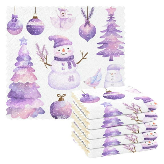 6 Pieces of Kitchen Towels 11x11Inch Kitchen Dish Cloths Kitchen Dish Towels Reuseable Cleaning Cloths Cute Purple Christmas Snowman