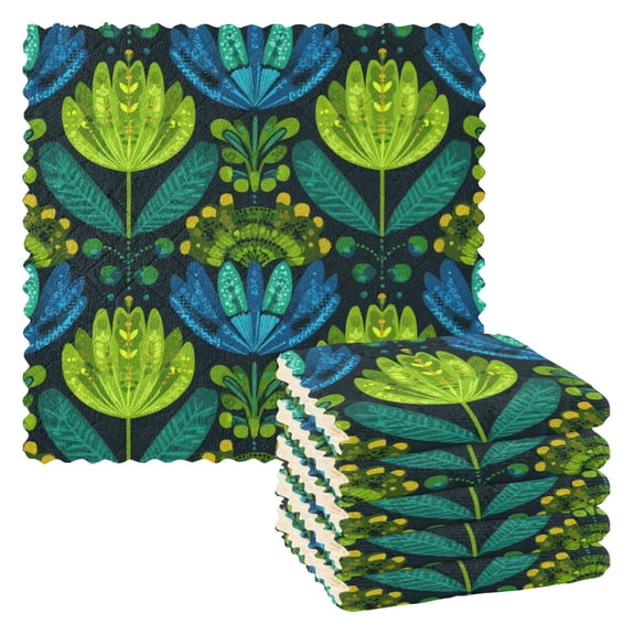 6 Pieces of Kitchen Towels 11x11Inch Kitchen Dish Cloths Kitchen Dish Towels Reuseable Cleaning Cloths Emerald Tulip Bold Pattern