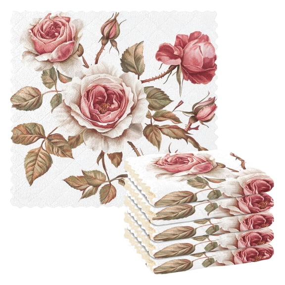 6 Pieces of Kitchen Towels 11x11Inch Kitchen Dish Cloths Kitchen Dish Towels Reuseable Cleaning Cloths Five Pink Roses