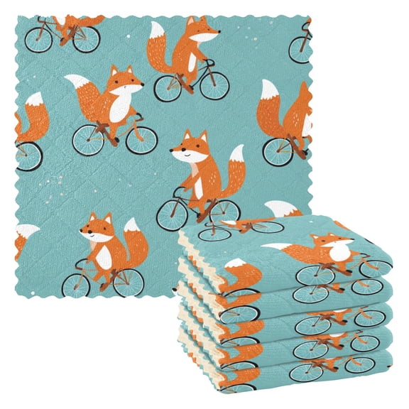 6 Pieces of Kitchen Towels 11x11Inch Kitchen Dish Cloths Kitchen Dish Towels Reuseable Cleaning Cloths Fox Bicycle