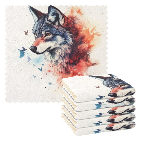 6 Pieces of Kitchen Towels 11x11Inch Kitchen Dish Cloths Kitchen Dish Towels Reuseable Cleaning Cloths Gray Watercolor Cartoon Wolf