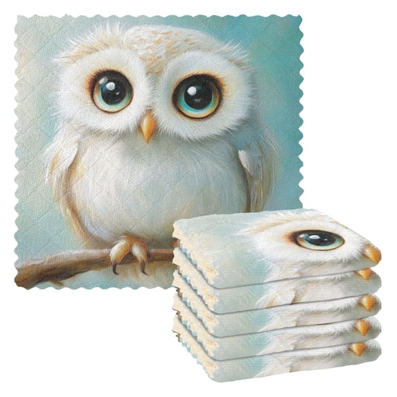 6 Pieces of Kitchen Towels 11x11Inch Kitchen Dish Cloths Kitchen Dish Towels Reuseable Cleaning Cloths Lovely White Owl