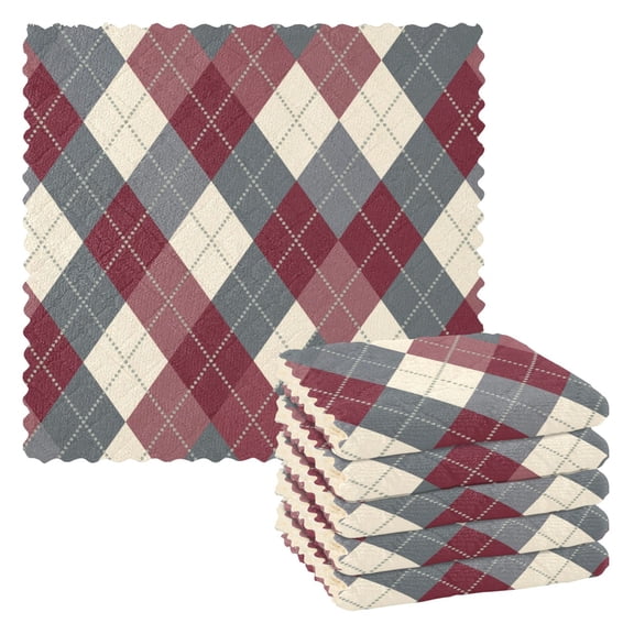 6 Pieces of Kitchen Towels 11x11Inch Kitchen Dish Cloths Kitchen Dish Towels Reuseable Cleaning Cloths Maroon Argyle Interlock