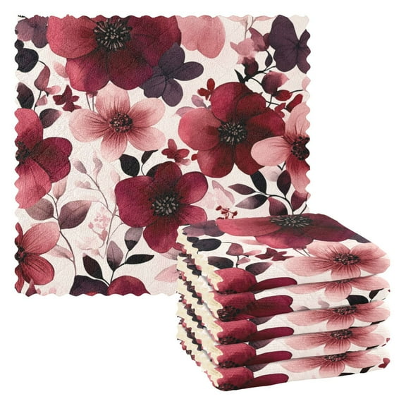 6 Pieces of Kitchen Towels 11x11Inch Kitchen Dish Cloths Kitchen Dish Towels Reuseable Cleaning Cloths Maroon Flowers