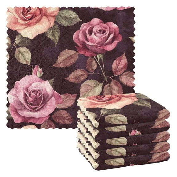 6 Pieces of Kitchen Towels 11x11Inch Kitchen Dish Cloths Kitchen Dish Towels Reuseable Cleaning Cloths Maroon Roses Seamless