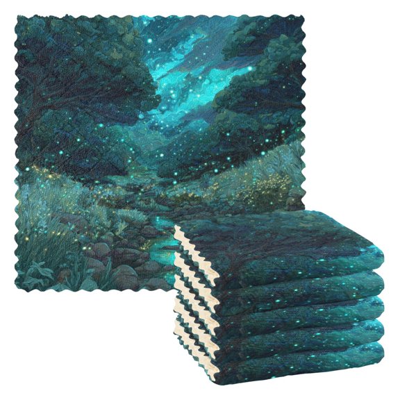 6 Pieces of Kitchen Towels 11x11Inch Kitchen Dish Cloths Kitchen Dish Towels Reuseable Cleaning Cloths Mystic Forest Glowing Blue Fireflies
